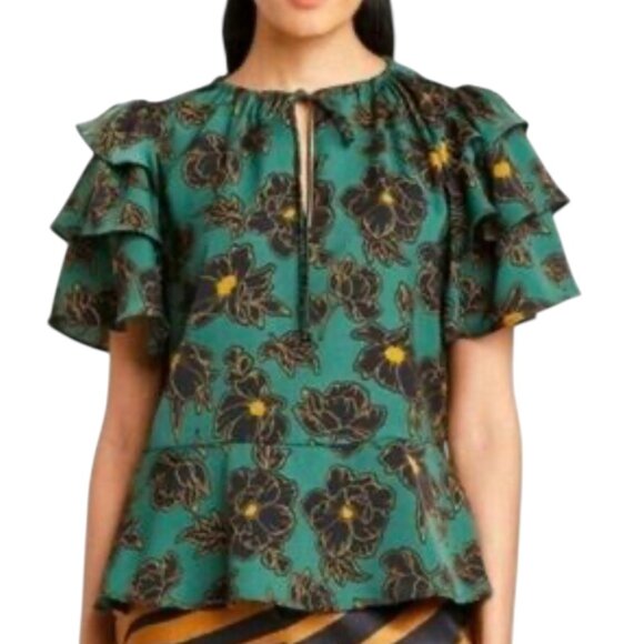 Who What Wear Green Floral Ruffle Sleeve Peplum Blouse - Picture 1 of 6
